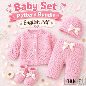 May include: A pink knitted baby set including a long-sleeved button-up cardigan, pants, and booties, each featuring a delicate diamond pattern and a small cream-colored ribbon bow. The text Baby Set Pattern Bundle English Pdf is visible.