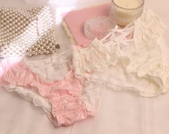 pink lace sexy underwear, cute white bow panties