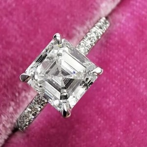 Vintage 3ct Asscher Cut Moissanite Engagement Ring / Moissanite Hidden Halo Ring / Half Eternity Band Ring For Women / 14k Gold Promise Ring