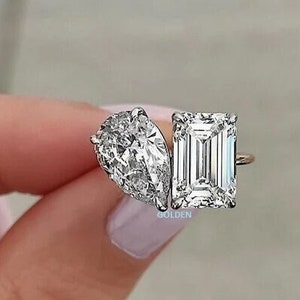 4 CT Toi Et Moi Engagement Ring, Pear and Emerald Moissanite Two Stone Wedding Ring, 14K Solid Gold Double Stone Wedding Ring, Gift for Her