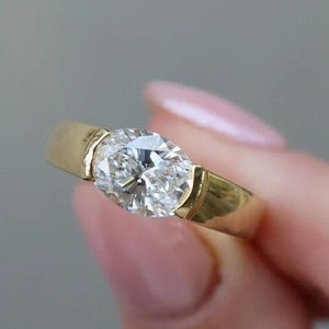 East-West Oval Cut Half Bezel Set Ring • 1.75 CT Oval Solitaire Engagement Ring • Solid Yellow Gold Ring • Dainty Bridal Ring • Jewelry Gift
