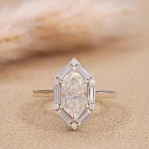 Dutch Marquise Cut Moissanite Diamond Ring with Side Baguette Moissanite Ring, Hexagon Shape Diamond Gold Ring, Dutch Marquise Ring For Her