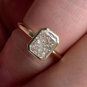 3 CT Modern Iced Out Radiant Cut Solitaire,Engagement Ring,14k Solid Yellow Gold,Signature Bezel Set,Wedding Ring,Statement Ring/Gifts