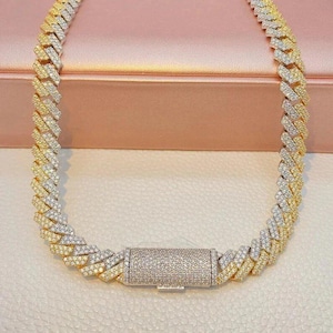 Kubanische Gliederkette, kubanische Silberkette, 12 mm kubanische Gliederkette aus Starling Silber, VVS Moissanit Diamant Kette. 12 mm Moissanit-Kubanische Kette