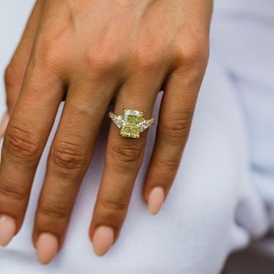 Canary Yellow Radiant Cut Moissanite Engagement Ring, Crushed Ice Radiant Cut Ring, Elongated Radiant, Hidden Halo Ring, Side Triangle Cut