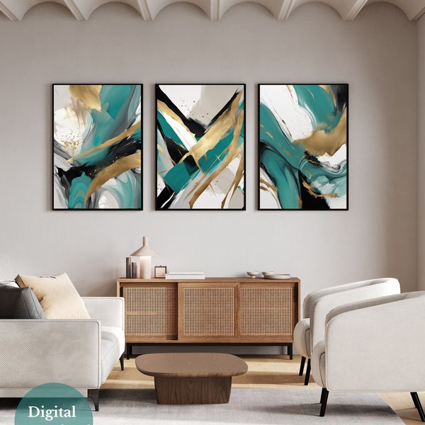 Gold Black Teal Abstract Wall art, Set of 3 prints, Minimalist, Home décor, Wall Art, Digital Download, Wall prints, Living Room prints blue