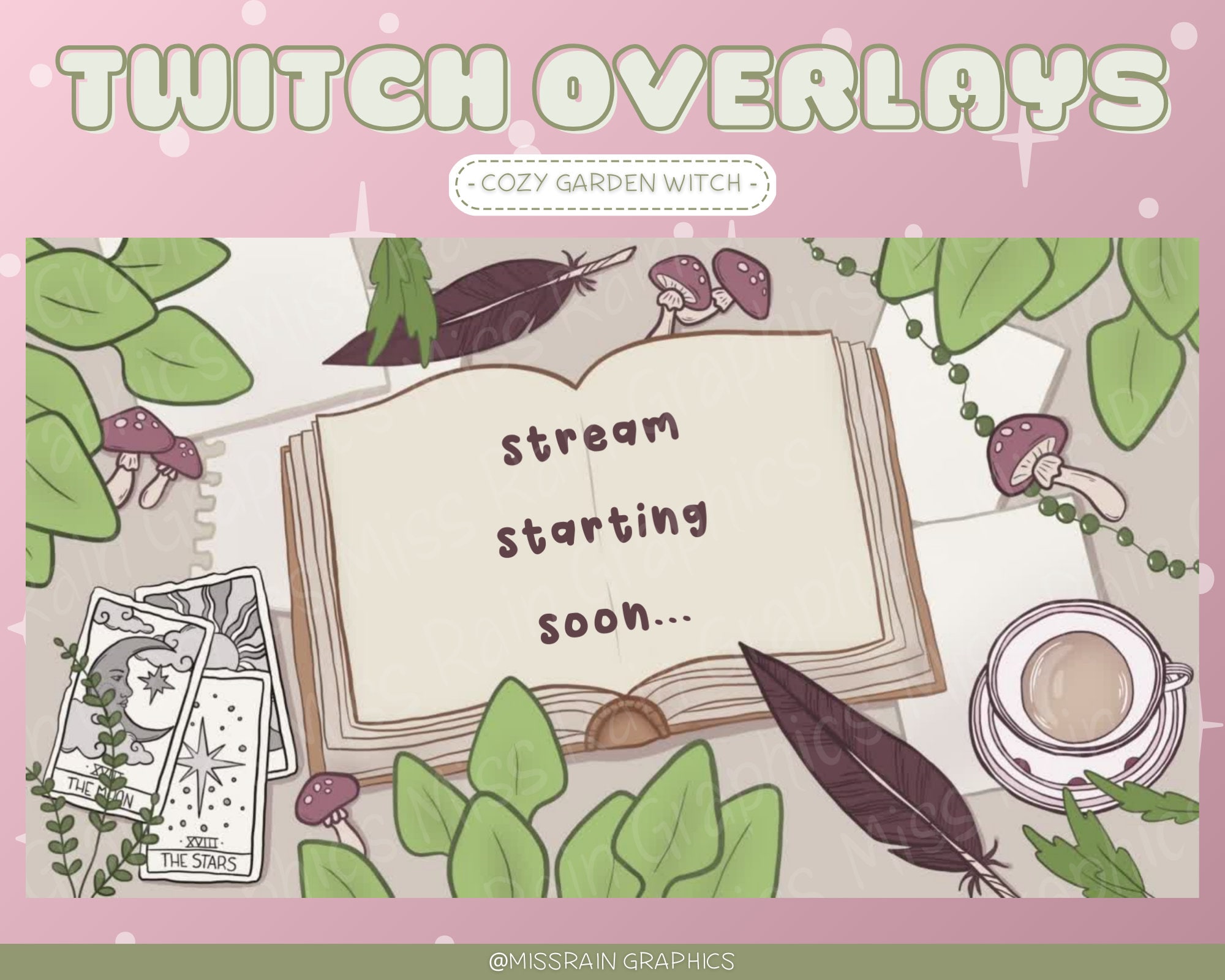 Animated Cozy Twitch Overlay - Cute overlay/screens for streaming, starting soon, ending, brb, offline, gameplay, just chatting, cottagecore