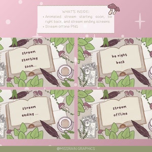 Puede incluir: Cuatro pantallas de transmisi&oacute;n digital ilustradas con un libro, plumas, champi&ntilde;ones y una taza de t&eacute;. El texto en las pantallas dice "stream starting soon...", "be right back", "stream ending..." y "stream offline".