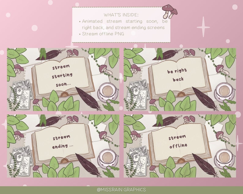 Puede incluir: Cuatro pantallas de transmisi&oacute;n digital ilustradas con un libro, plumas, champi&ntilde;ones y una taza de t&eacute;. El texto en las pantallas dice "stream starting soon...", "be right back", "stream ending..." y "stream offline".