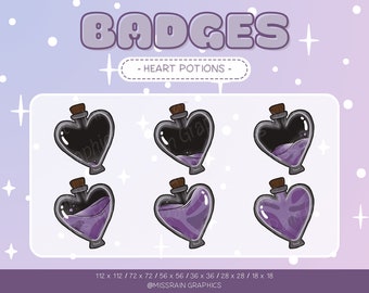 Heart Potion Badges - Cute set of purple sub/bit badges, emotes for streaming, twitch, discord, youtube, kawaii, spooky, digital download