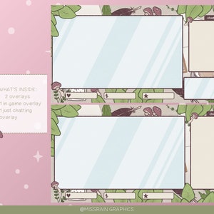 Puede incluir: Una ilustraci&oacute;n digital de un fondo de hojas verdes y marrones con dos marcos rectangulares. Los marcos son para una superposici&oacute;n de transmisi&oacute;n de Twitch. El texto "WHAT'S INSIDE: 2 overlays &bull; 1 in game overlay &bull; 1 just chatting overlay" est&aacute; en el lado izquierdo de la imagen. El texto "@MISSRAIN GRAPHICS" est&aacute; en la parte inferior de la imagen.