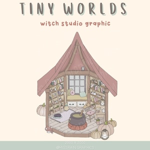 May include: A digital illustration of a witch's cosy studio, featuring a cauldron, bookshelves, a window, and a pumpkin. The text "Tiny Worlds" and "witch studio graphic" is displayed above the image. The image is 2000 x 2000 pixels and is credited to @missrain_graphics.