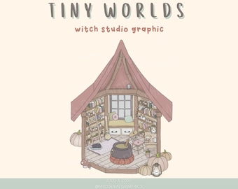 Witch studio graphic - high quality PNG - cute cozy clipart graphic, isometric drawing witch room, tiny world, digital file, print, sticker