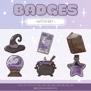 Witch Set Badges - Cute set of purple sub/bit badges, emotes for streaming, twitch, discord, youtube, kawaii, spooky, digital download