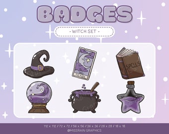 Heksenset-badges - Leuke set paarse sub/bit-badges, emotes voor streaming, twitch, onenigheid, youtube, kawaii, spookachtig, digitale download