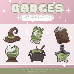 Cozy Garden Witch Badges - Badge sub/bit mignon pour le streaming, twitch, discord, youtube, kawaii, cottagecore, joli, automne, téléchargement numérique