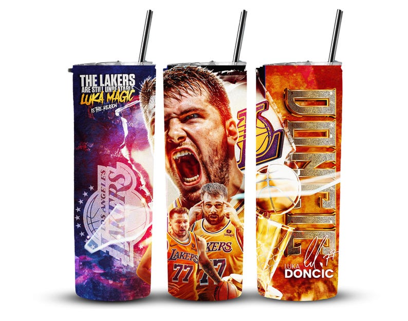 May include: Three stainless steel tumblers with lids and straws. The tumblers feature different designs with basketball players and the text "THE LAKERS ARE STILL UNBEATABLE LUKA MAGIC IS THE REASON" and "LUKA DONCIC".