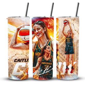 Puede incluir: Un juego de tres vasos de acero inoxidable con temática de baloncesto. Los vasos presentan imágenes de una jugadora de baloncesto driblando un balón, una jugadora de baloncesto tirando a canasta y una jugadora de baloncesto con el texto "Indiana 22". Los vasos están decorados con un fondo amarillo y naranja.