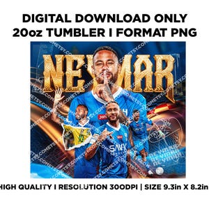 Może przedstawiać: Cyfrowy projekt do pobrania na kubek 20oz. Projekt przedstawia kolaż zdjęć Neymara, z napisem "NEYMAR" złotymi literami. Obraz ma wymiary 23,6 cm na 20,8 cm.