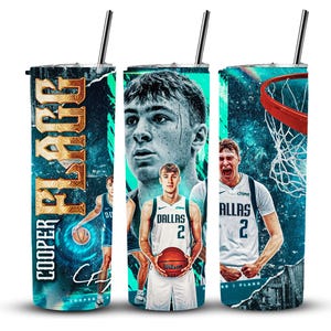 May include: A set of three stainless steel tumblers featuring basketball player Cooper Flag. Each tumbler has a different design, including a portrait, action shot, and the player's name. The tumblers have a black lid and a silver straw.