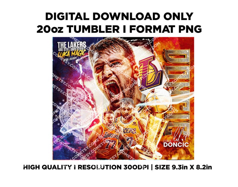 May include: A digital download of a 20oz tumbler design featuring a basketball player in a yellow and purple jersey with the text "The Lakers are still unbeatable Luka Magic" and "Luka Doncic". The design is set against a colorful background with a basketball hoop and a basketball.