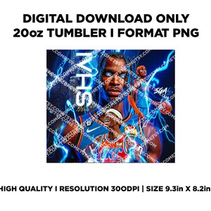 May include: A digital download of a 20oz tumbler design featuring a basketball player in a blue and orange jersey with the word "SHAI" in large letters. The background is a blue and white abstract design with lightning bolts. The design is 9.3 inches by 8.2 inches and has a resolution of 300 DPI.