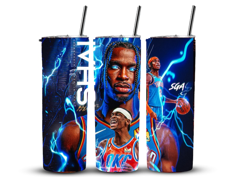 May include: A blue and orange tumbler with a basketball player design. The tumbler features a lightning bolt pattern and the text "SGA".