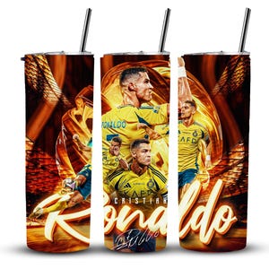 Puede incluir: Un vaso de acero inoxidable con un diseño amarillo, naranja y negro que presenta a un jugador de fútbol con el texto "Cristiano Ronaldo".