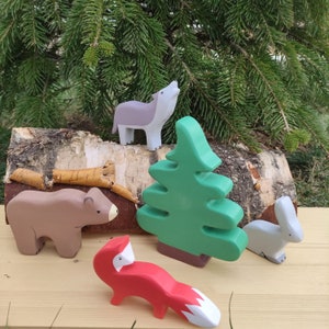 Mountain Animals, Wooden Animal toy, Handmade Toys, Fir Tree, Wolf, Fox, Bear, Rabbit, Waldorf Wooden Toys, Montessori Toys, Christmas gift