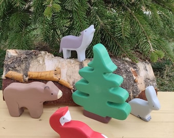 Animaux de montagne, jouet en bois, jouets faits main, sapin, loup, renard, ours, lapin, jouets en bois Waldorf, jouets Montessori, cadeau de Noël