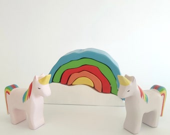 Wooden Rainbow Stacker with Cloud and Unicorns, Anniversary Gift for kids, Artisanal Rainbow Toy, Montessori Fantasy Toy, Imaginative Play