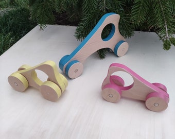 Handgemaakte houten autospeelgoedset - montessoribeukenmultiplex, kleuren op waterbasis