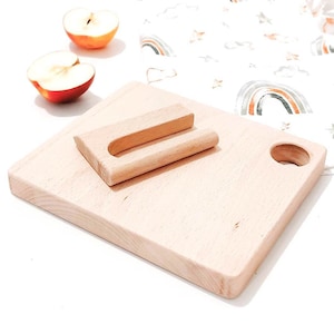 Handmade Wooden Kitchen Utensil Toy Set Toddler Montessori Wooden Knife Cutting Board and Apron Kids Safe Cutter Pretend Play Easter Gift