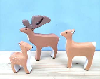 Wooden Forest Animal Herd Set Wild Handmade Figurines Stag Deer Fawn Waldorf Toys for Children Christmas Easter Birthday Gift Woods Animals