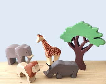 Safari Set, Savannah Wooden Animals, Handmade Wooden Toys, Giraffe, Elephant, Rhino, Lion, Baobab Tree, Toys for Montessori and Waldorf