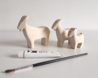 Handmade Wooden Goat Family Toy Set Paint Yourself Figurines Montessori Waldorf Nursary DIY Gift for Birthday Easter Christmas Farm Animals
