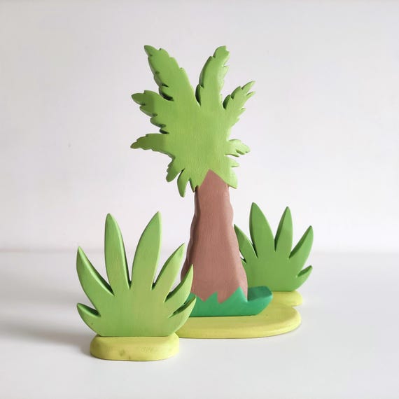 Wooden Palm Tree and Grass Toy Set Waldorf Figurine Easter Gift Open Ended Play Montessori Educational Decoration Nursery Tropical Playscape