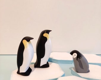 Houten pinguïnspeelgoed, Antarctische vogels, Waldorf-beeldjes, Montessori, pinguïnfamilie op houten ijsschotsen, handgemaakt speelgoed, kindercadeau