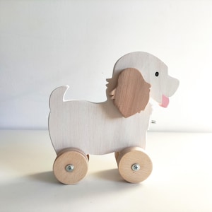 Giocattolo in legno fatto a mano da tirare e spingere su ruote, regalo sensoriale Montessori per bambini, regalo di Pasqua per bambini di 1-2 anni, regalo di compleanno, giocattolo per cani bianco
