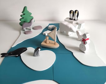 Wooden Arctic Playset Toy Waldorf Inspired Playscape Handmade Montessori Children Easter Gift Nursary Room Decoration Open Ended Playmat