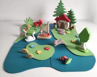 Houten speelset speelgoed Waldorf geïnspireerd speellandschap handgemaakte Montessori kinderen paascadeau kinderkamer decoratie open speelset speelkleed