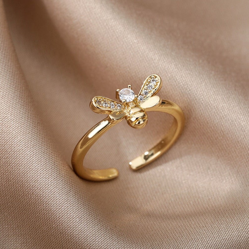 Adorable Bee ring Thin Gold Ring Perfect Stacking Ring Diamond Wedding Ring Gift for Her Mom Gift image 1