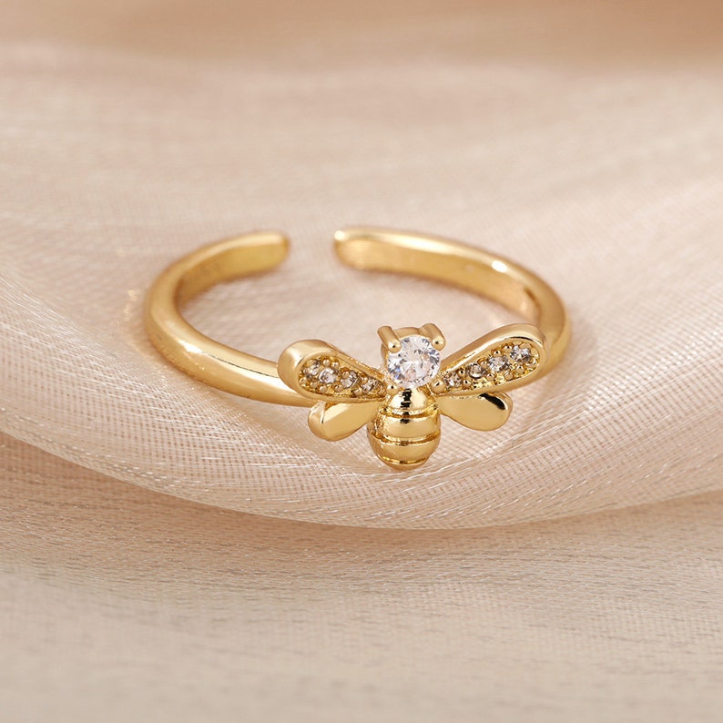 Adorable Bee ring Thin Gold Ring Perfect Stacking Ring Diamond Wedding Ring Gift for Her Mom Gift image 2