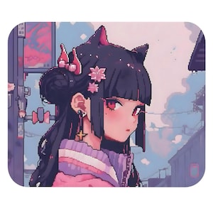 May include: A digital illustration of a young woman with long black hair, wearing a pink and purple jacket with cat ears and a flower accessory. The background is a blurred cityscape with a blue sky.