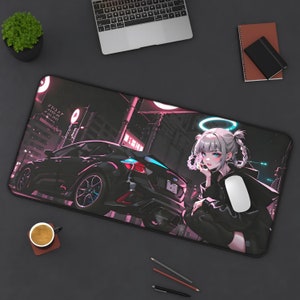 May include: A black car with pink and blue neon lights drives through a city at night. A girl with white hair and a halo sits on the car's hood, wearing a black jacket and a white shirt. The text "FRIDAY" is visible in the background.