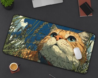 Cute Cat Scenery Mousepad | Kawaii Anime Desk Mat | Aesthetic Japanese Art Mouse Pad | Cozy Gaming Desk Decor | Gift for Cat Lovers