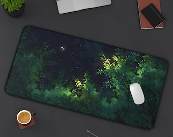 Forest Night Deskmat | Estetyczna podkładka pod mysz do gier | Mata do komputera Nature PC | Antypoślizgowa, trwała, duża podkładka dla graczy | Niestandardowy prezent dekoracyjny do biura