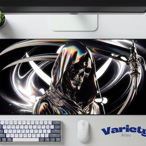 Cyber Reaper Deskmat | Chrome Skull Scythe Mouse Pad | Neoprene Desk Gift | Gamer Office Desk Accessory | Futuristic Dark Fantasy Setup