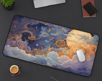 May include: A large mouse pad with a colorful illustration of a moon, stars, and clouds. The illustration is in a whimsical style with swirling clouds and gold accents.