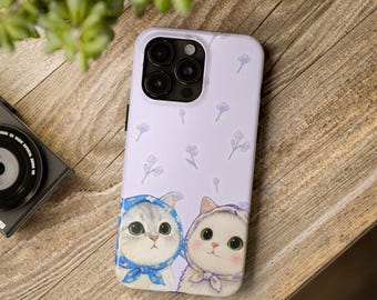 Niedliches Paar Katzen Handyhülle | Rosa Lofi Kawaii ästhetischer Bezug | Gemütliches Katzen-Liebe-Design | Glänzendes Schutzcase | Drahtlos freundlich